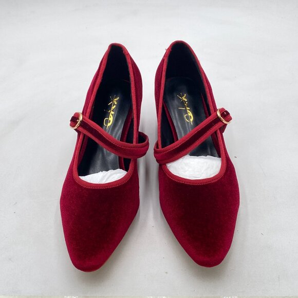 XYD Wine Elegant Velvet Pointed Toe Mary Jane Pumps Chunky Heel Slip On Shoes - Picture 3 of 7